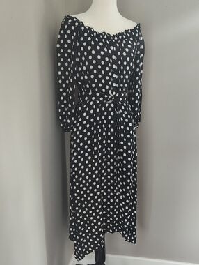 Anthropologie Black and White Polka Dot Off-Shoulder Midi Dress with Belt